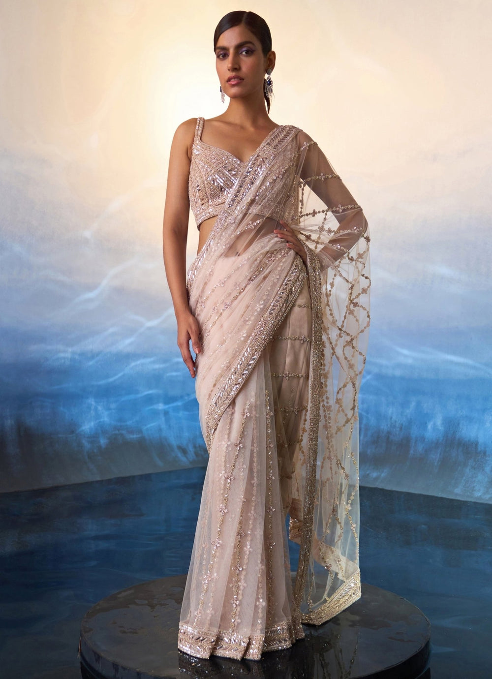 Rose Gold Embellished Net Saree Angad Singh - Fabilicious Fashion