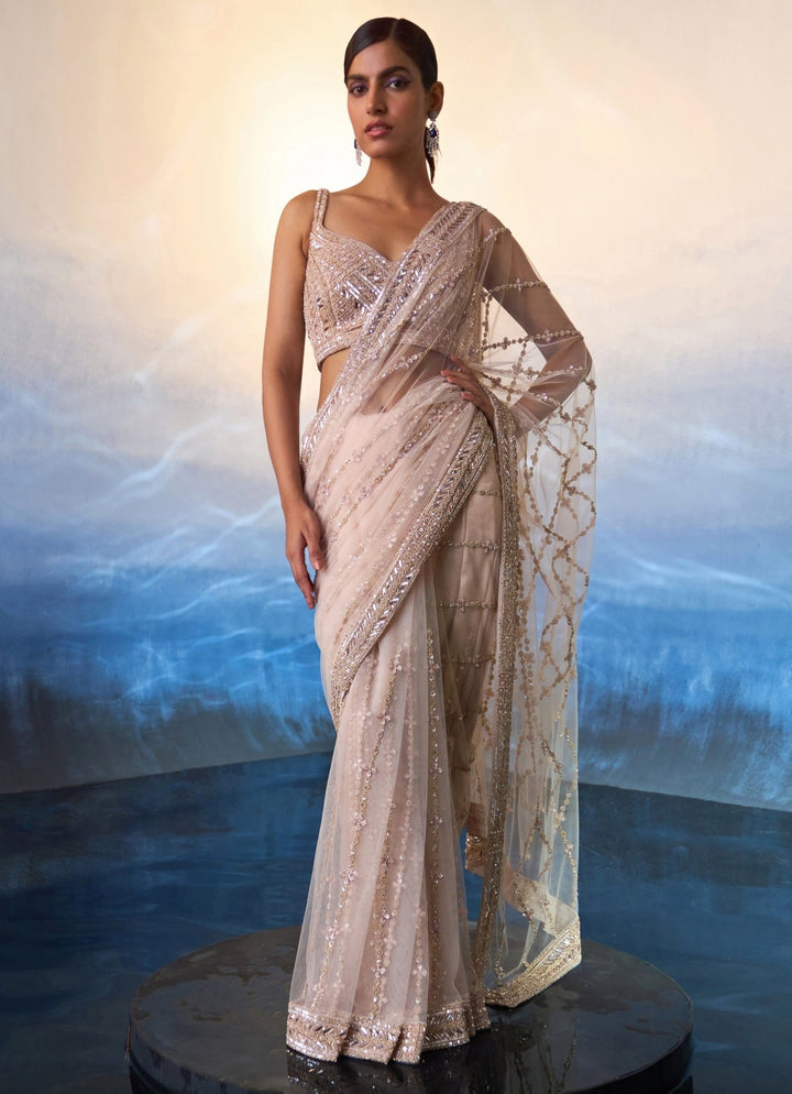 Rose Gold Embellished Net Saree Angad Singh - Fabilicious Fashion