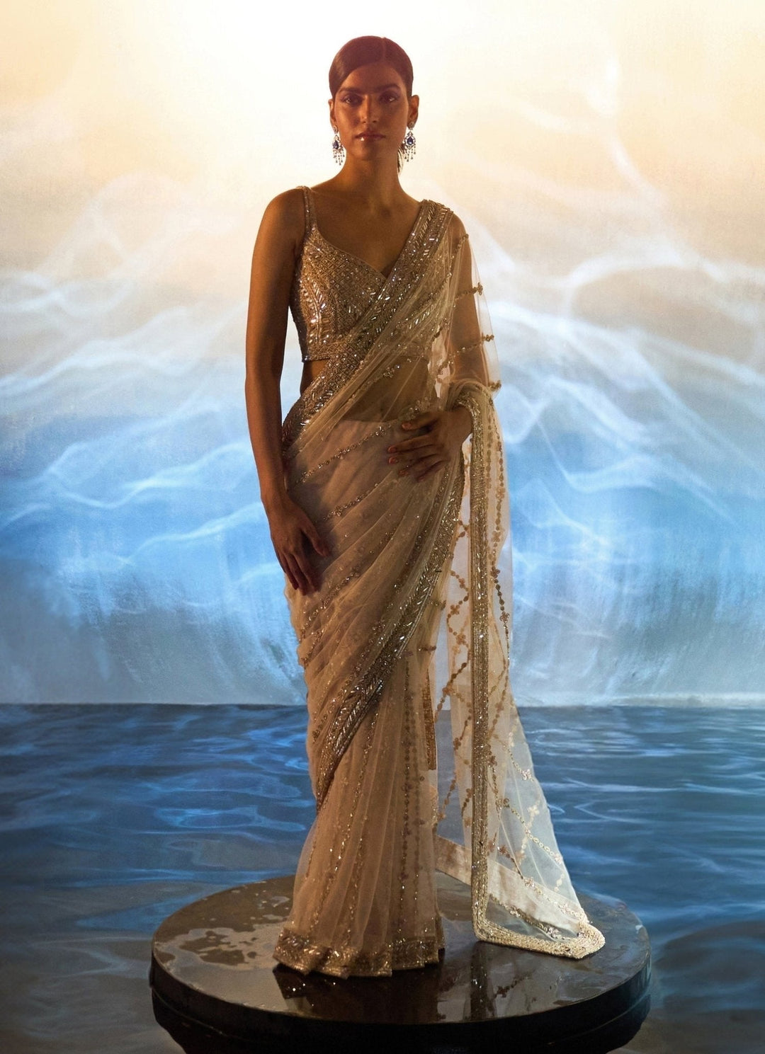 Rose Gold Embellished Net Saree Angad Singh - Fabilicious Fashion