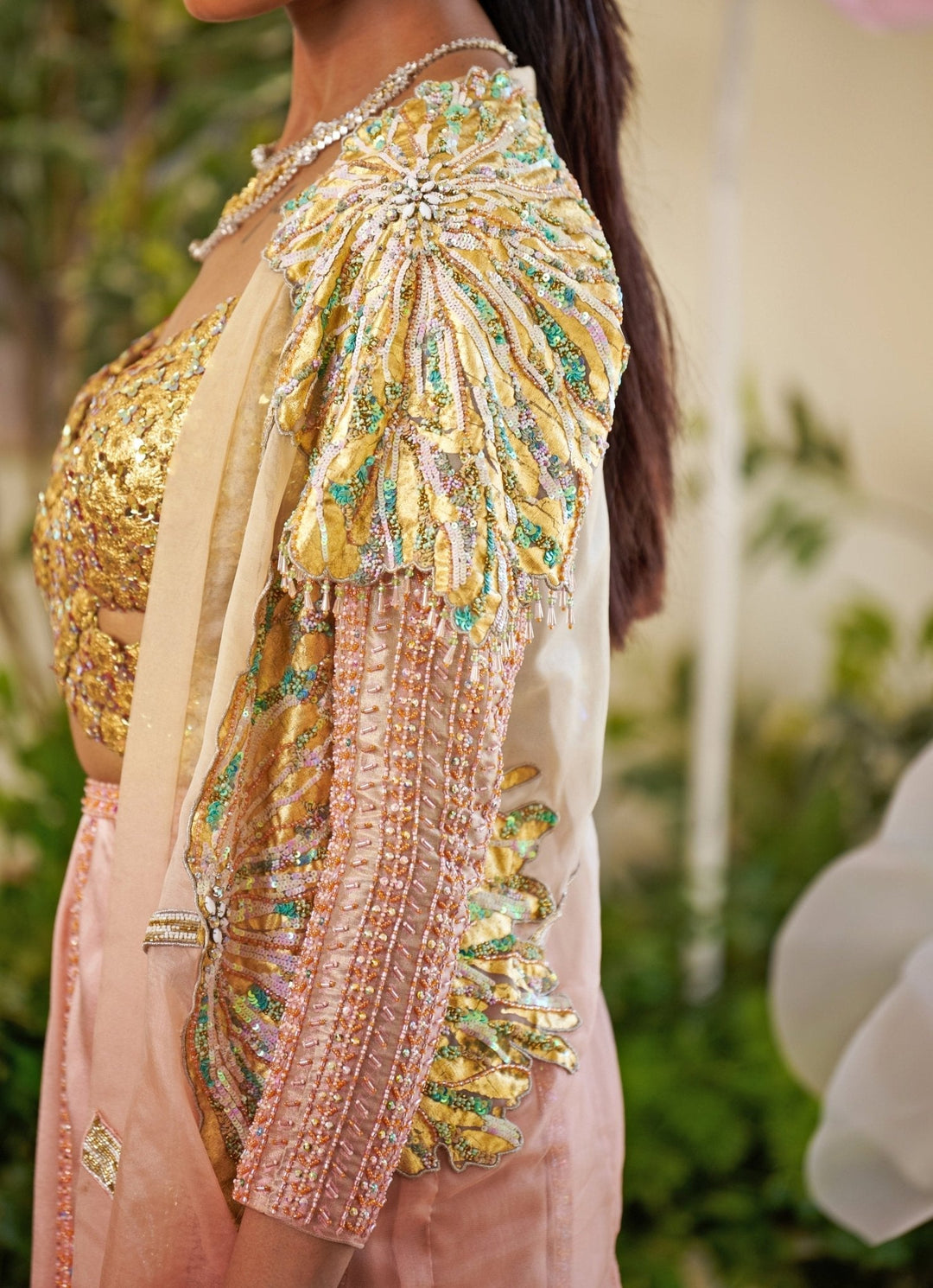 Rose Gold Embroidered Dhoti Skirt Set With Cape Moledro - Fabilicious Fashion