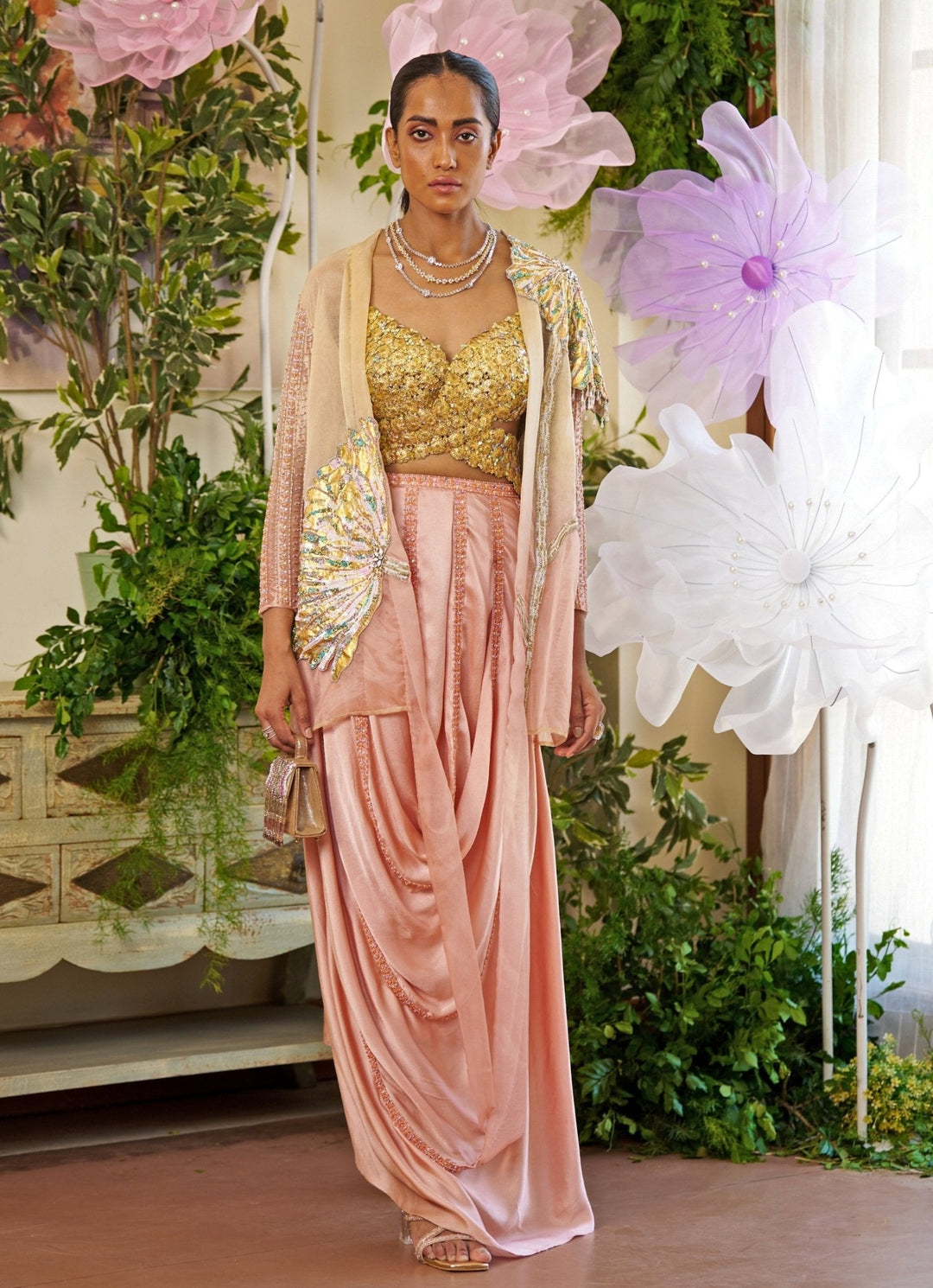 Rose Gold Embroidered Dhoti Skirt Set With Cape Moledro - Fabilicious Fashion