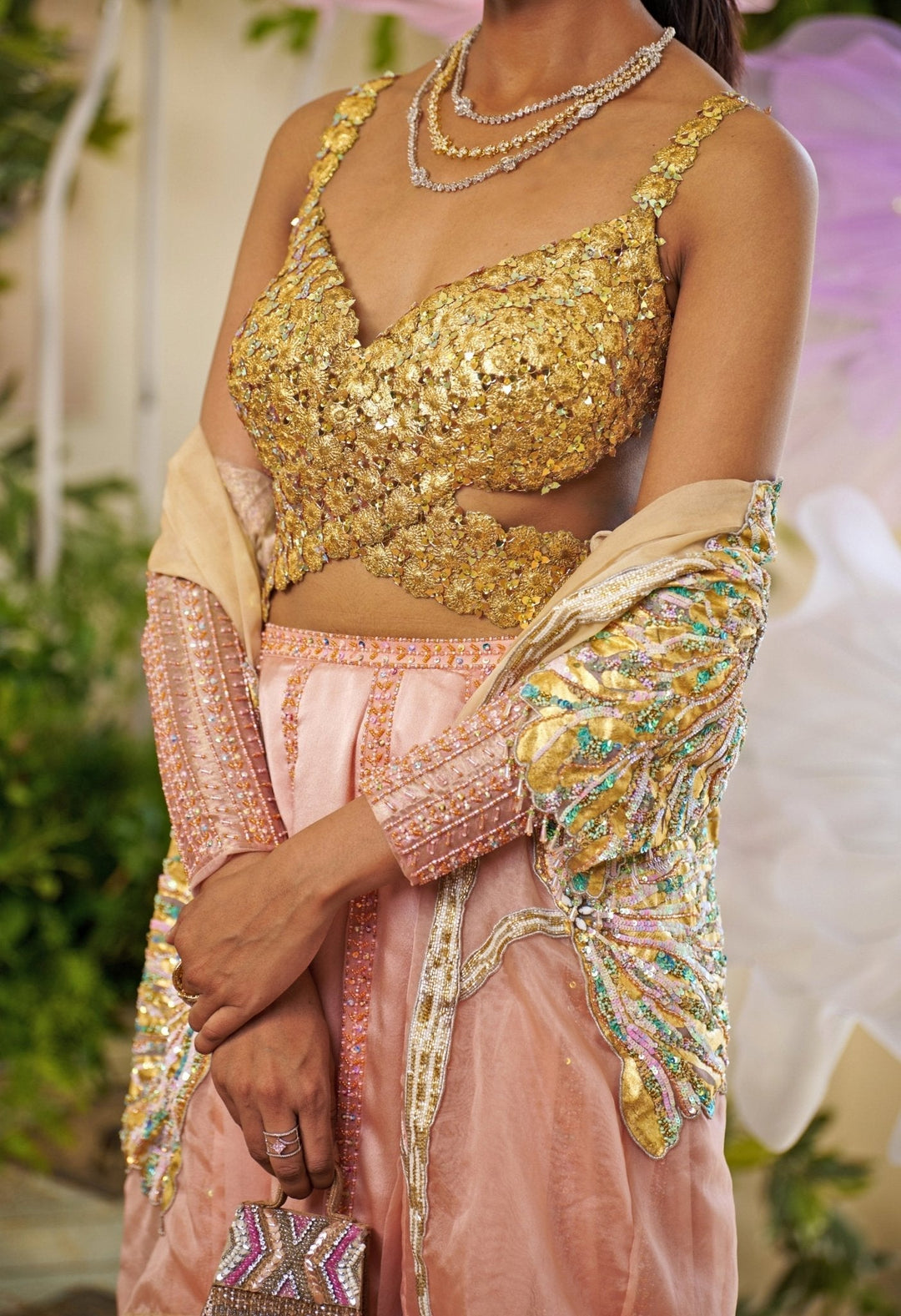 Rose Gold Embroidered Dhoti Skirt Set With Cape Moledro - Fabilicious Fashion