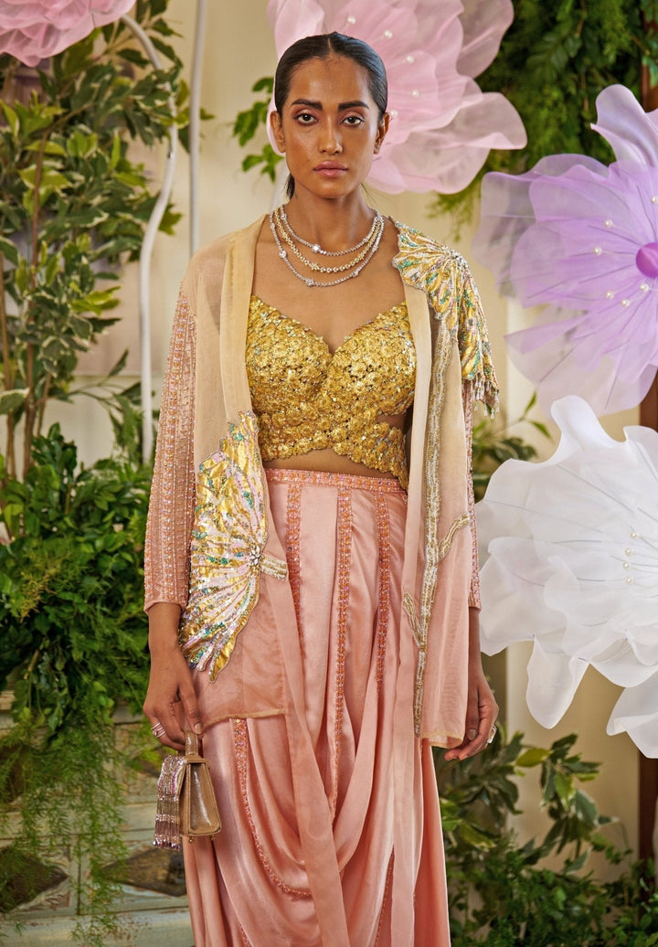 Rose Gold Embroidered Dhoti Skirt Set With Cape Moledro - Fabilicious Fashion