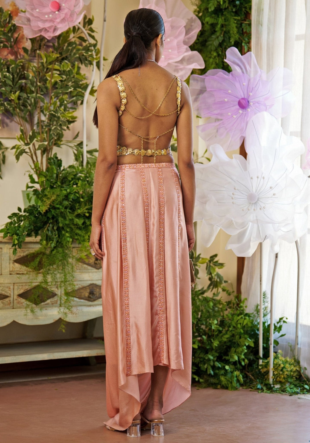 Rose Gold Embroidered Dhoti Skirt Set With Cape Moledro - Fabilicious Fashion