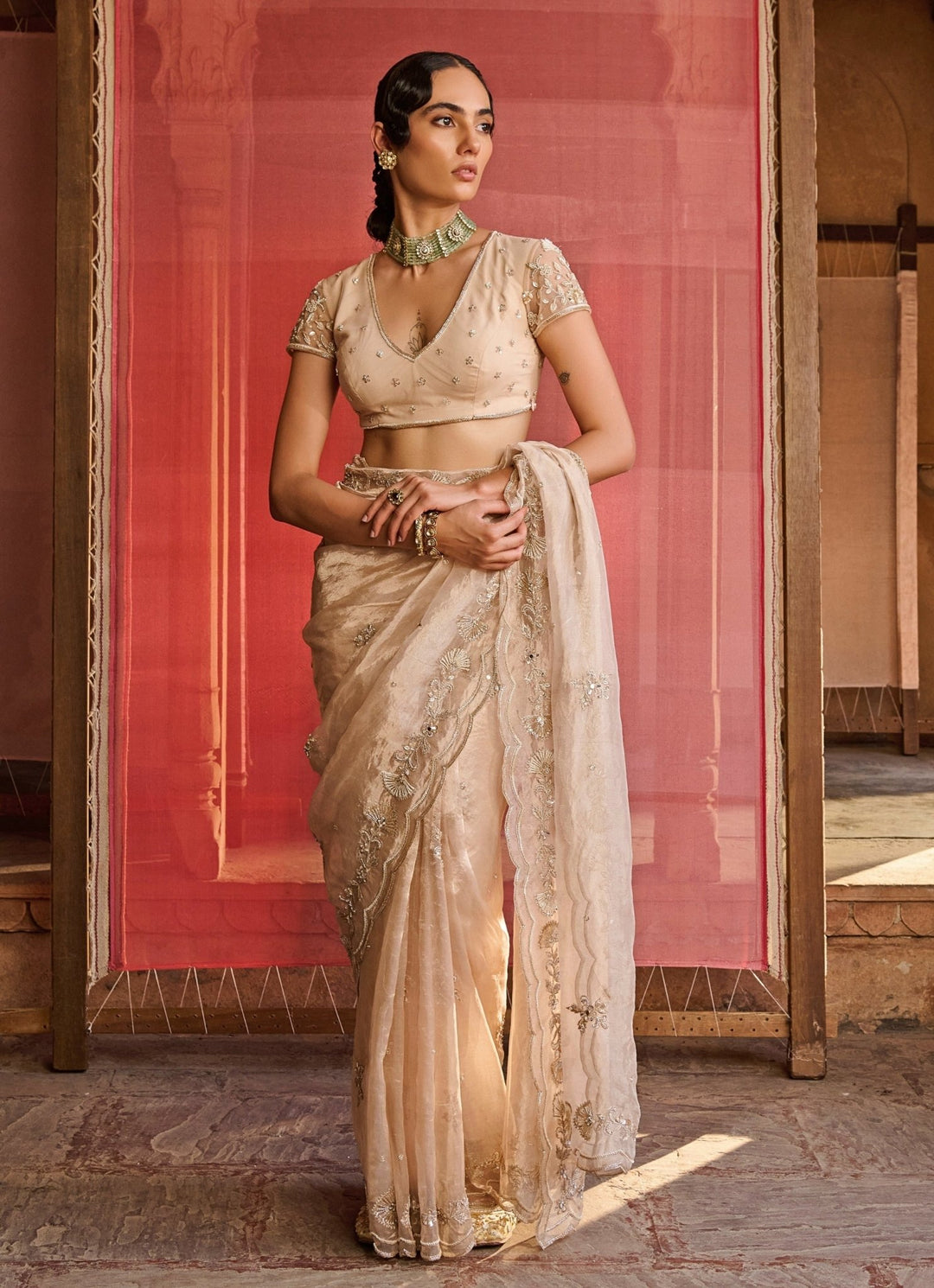 Rose Gold Embroidered Silk Tissue Saree Set Zoon Tribe - Fabilicious Fashion