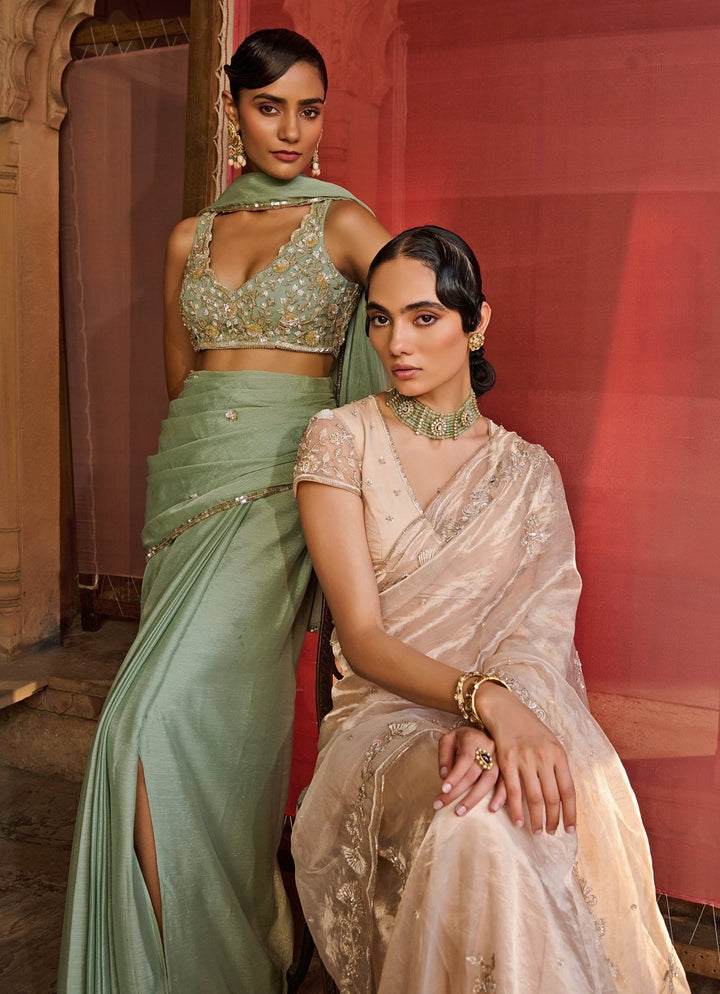 Rose Gold Embroidered Silk Tissue Saree Set Zoon Tribe - Fabilicious Fashion