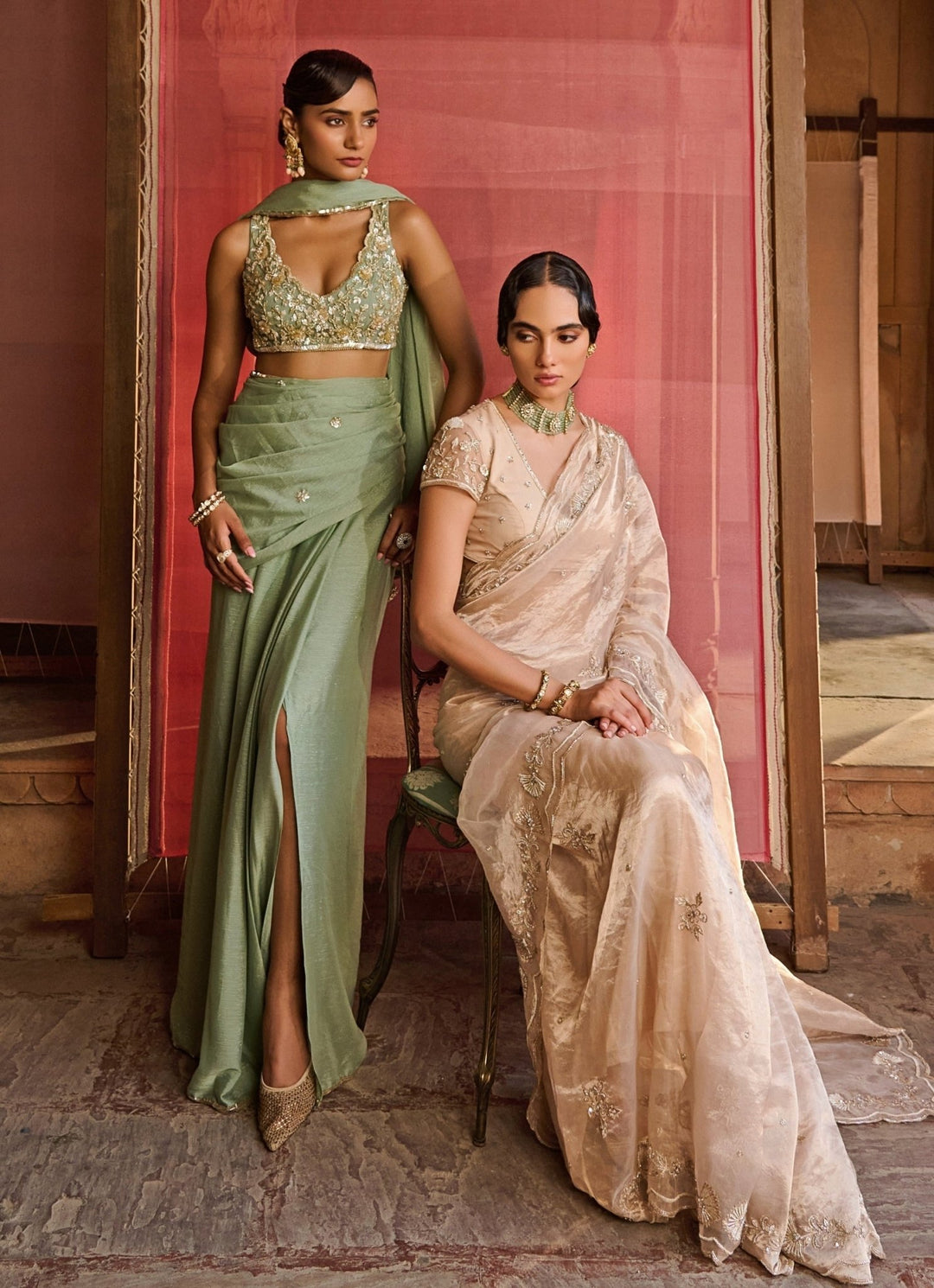 Rose Gold Embroidered Silk Tissue Saree Set Zoon Tribe - Fabilicious Fashion