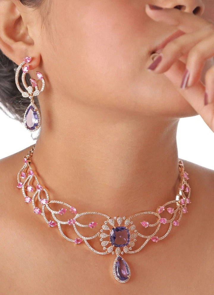 Rose Gold Plated Purple Stone Choker Set Mr Jewels - Fabilicious Fashion