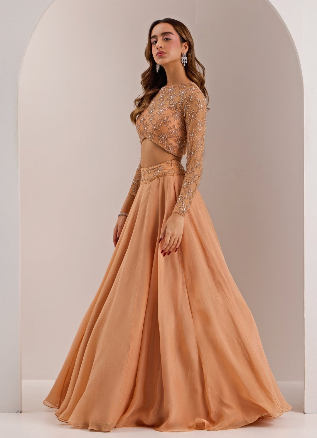 Rose Gold Snowflake Embellished Lehenga Set Silky Bindra - Fabilicious Fashion