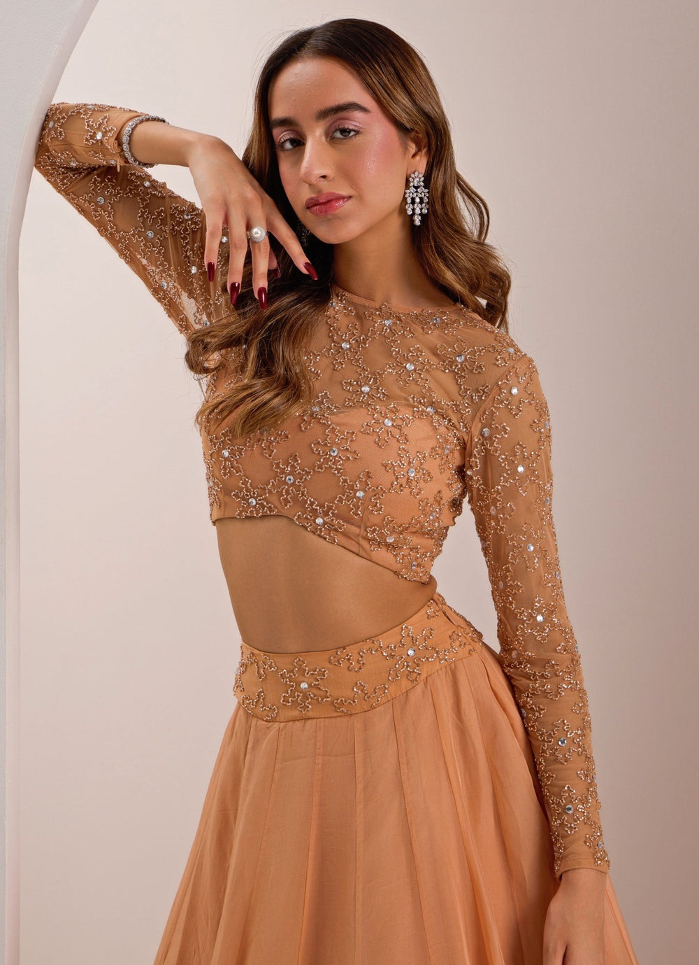 Rose Gold Snowflake Embellished Lehenga Set Silky Bindra - Fabilicious Fashion