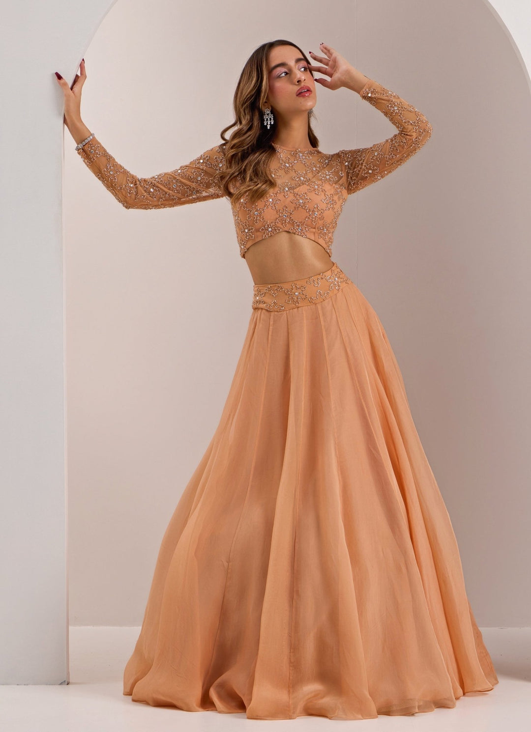 Rose Gold Snowflake Embellished Lehenga Set Silky Bindra - Fabilicious Fashion