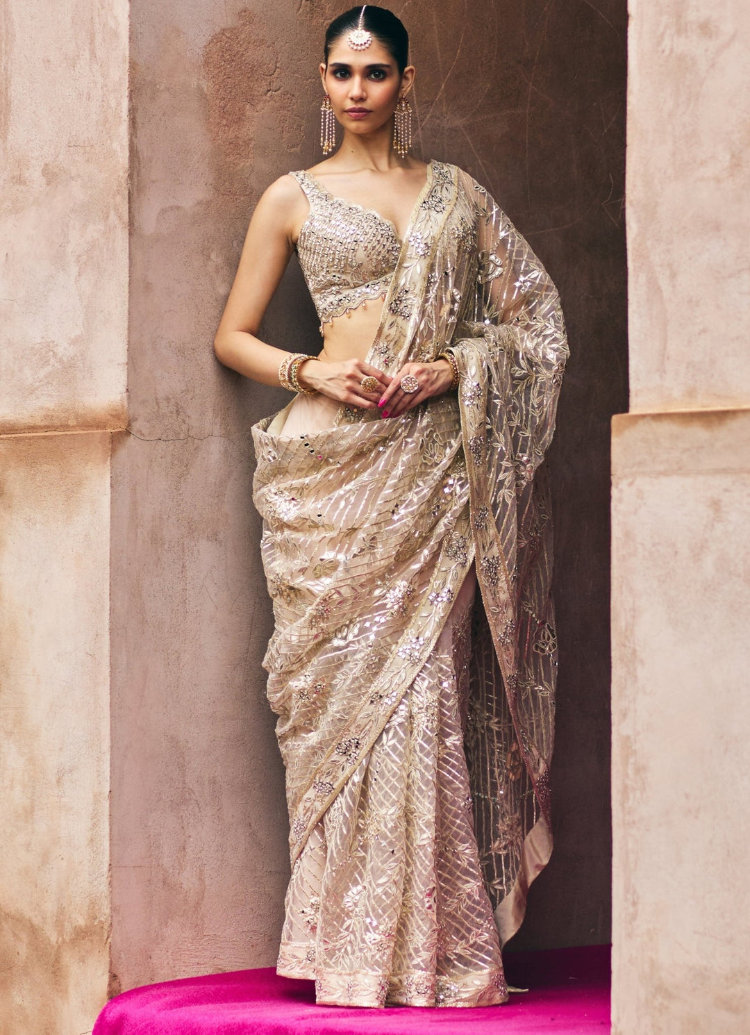 Rose Gold Soft Net Saree With Crystal Blouse Angad Singh - Fabilicious Fashion