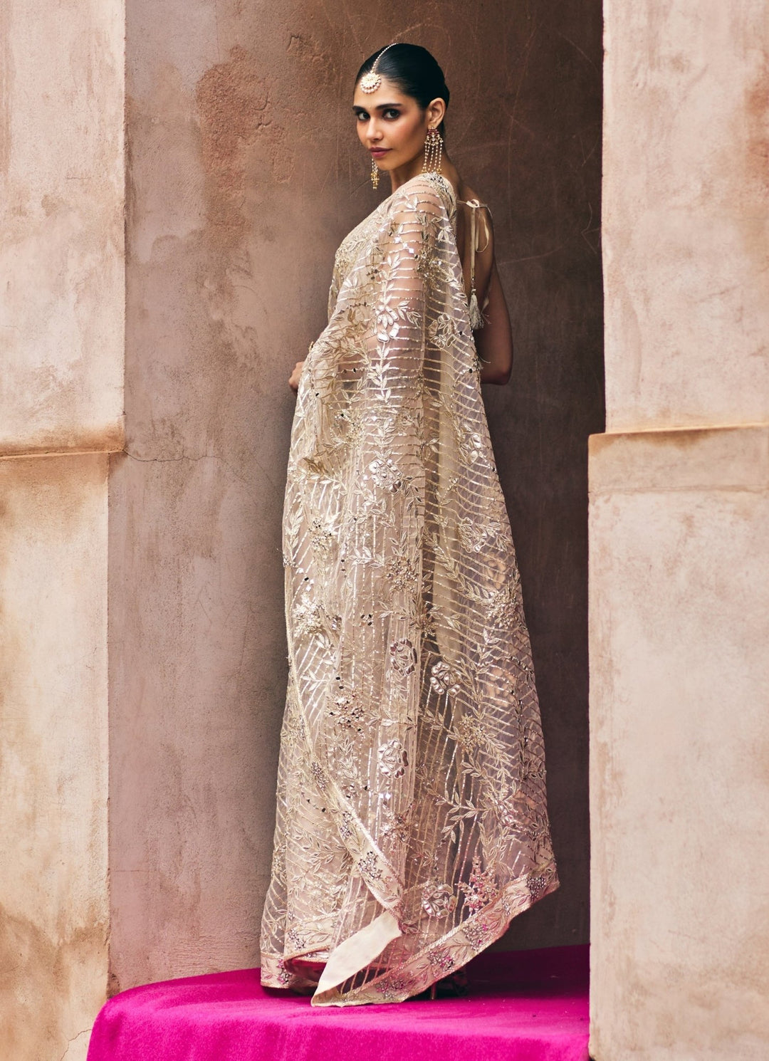 Rose Gold Soft Net Saree With Crystal Blouse Angad Singh - Fabilicious Fashion