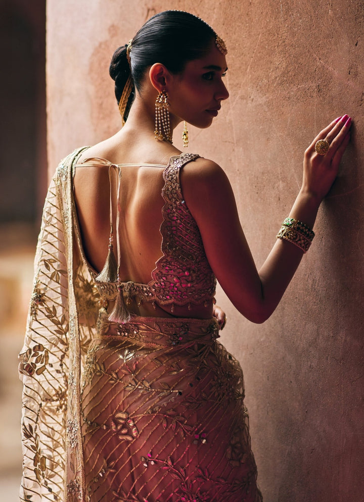 Rose Gold Soft Net Saree With Crystal Blouse Angad Singh - Fabilicious Fashion
