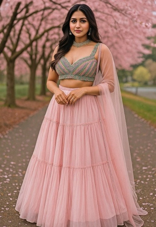 Rose Pink And Grey Georgette Lehenga Anisha Shetty - Fabilicious Fashion