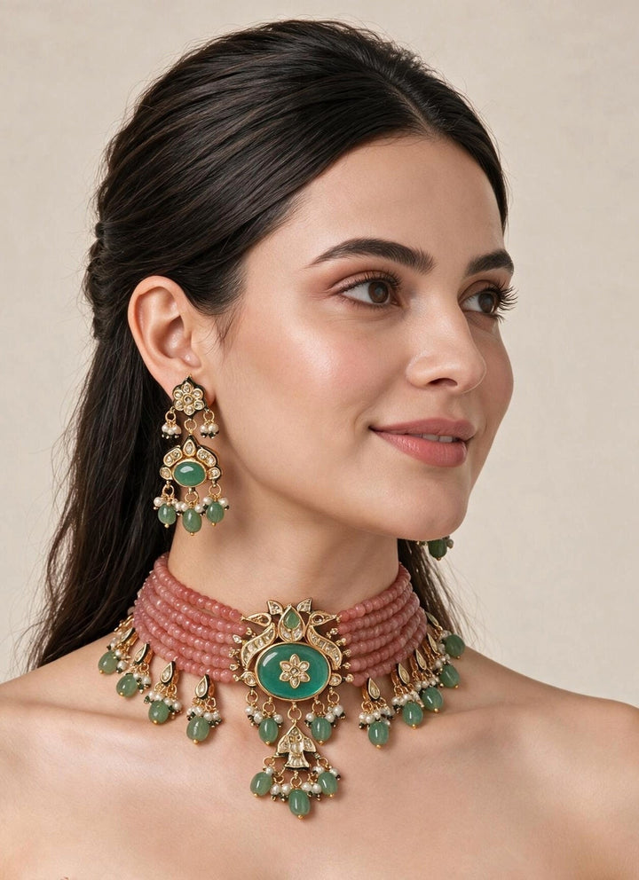 Vivinia By Vidhi Mehra Rose Pink Beaded Kundan Choker SetFabilicious Fashion