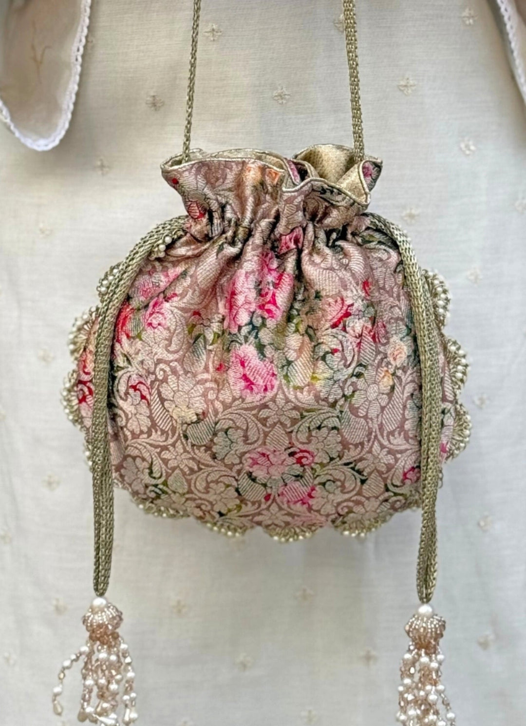 Amyra Rose Pink Brocade Silk PotliFabilicious Fashion
