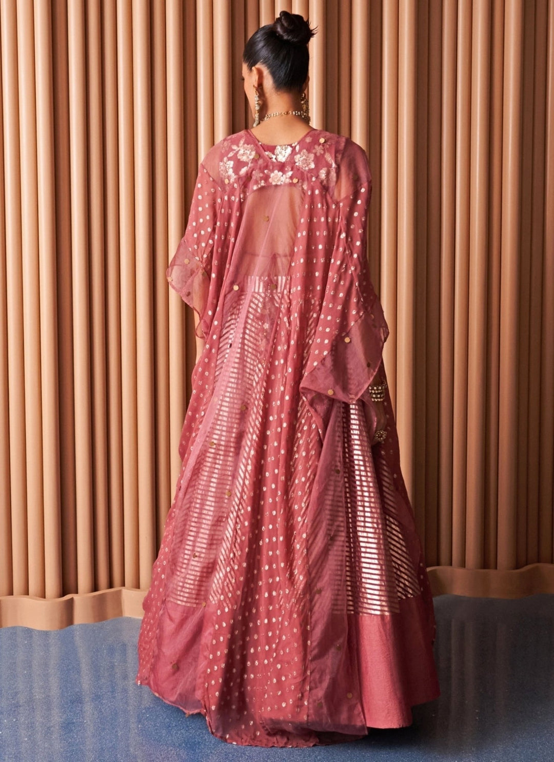 Rishi and Vibhuti Rose Pink Chanderi Georgette Lehenga Set With CapeFabilicious Fashion