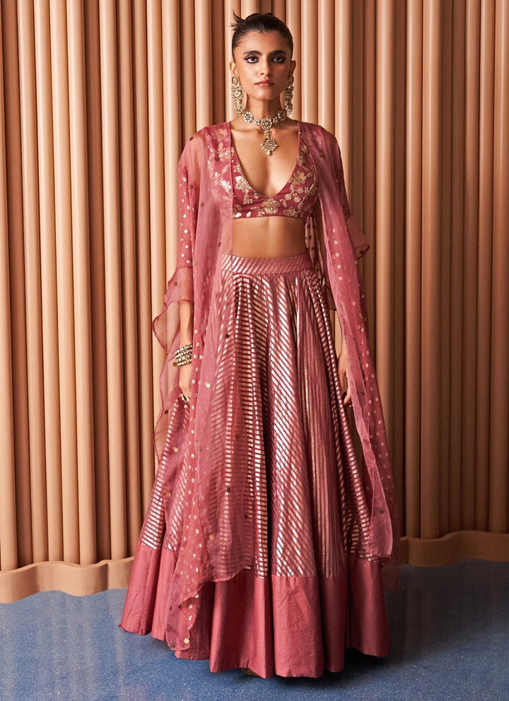 Rishi and Vibhuti Rose Pink Chanderi Georgette Lehenga Set With CapeFabilicious Fashion