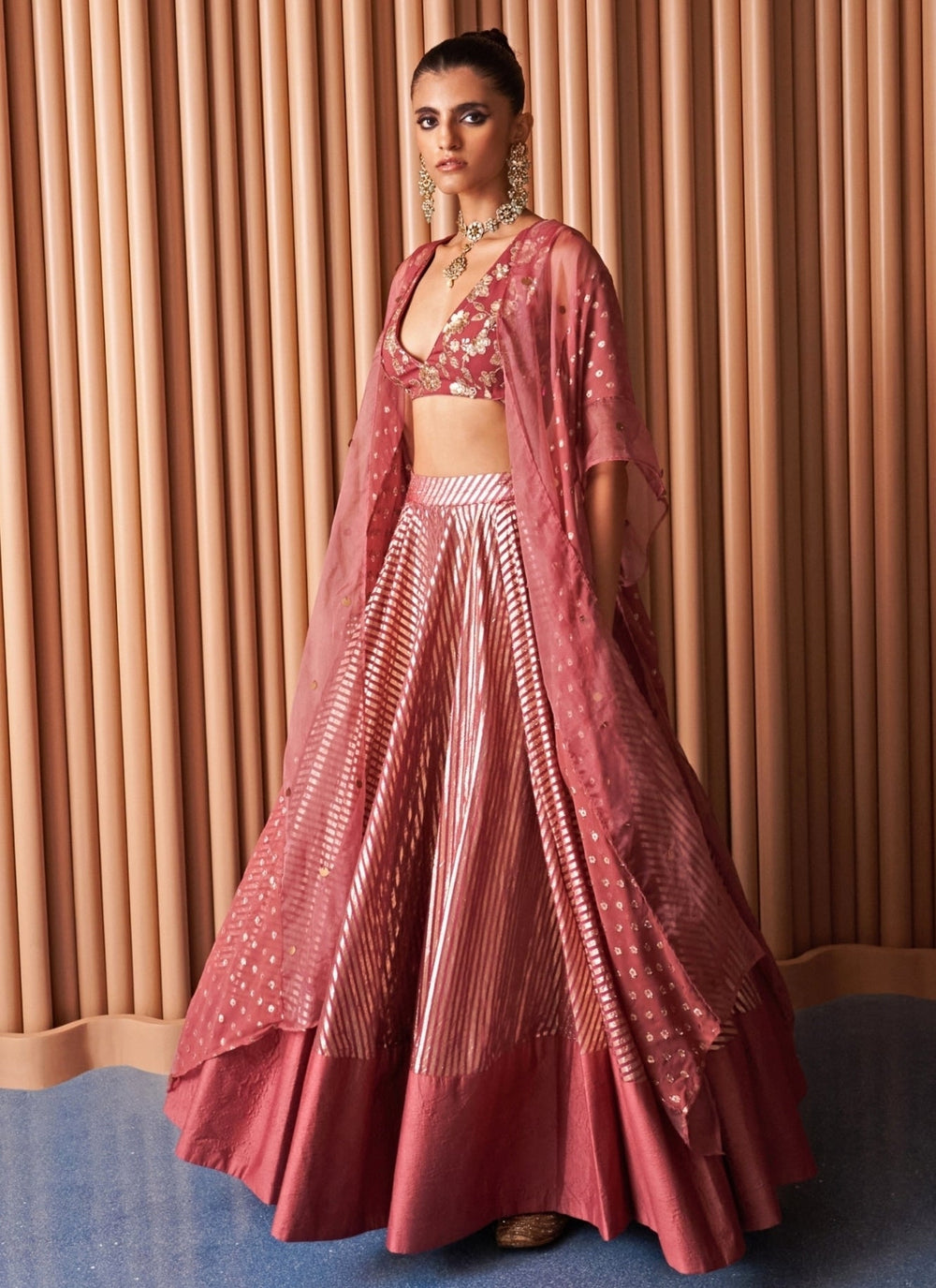 Rishi and Vibhuti Rose Pink Chanderi Georgette Lehenga Set With CapeFabilicious Fashion