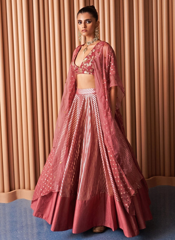 Rishi and Vibhuti Rose Pink Chanderi Georgette Lehenga Set With CapeFabilicious Fashion