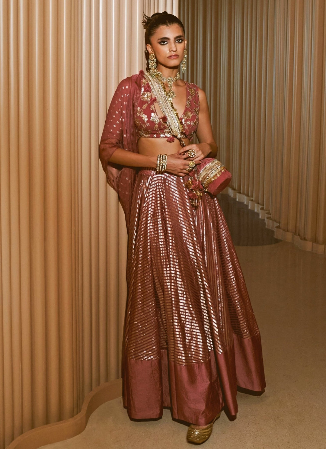 Rishi and Vibhuti Rose Pink Chanderi Georgette Lehenga Set With CapeFabilicious Fashion