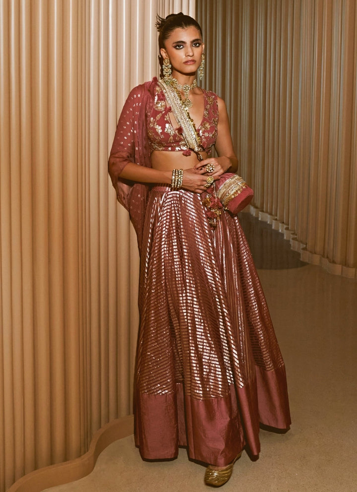 Rishi and Vibhuti Rose Pink Chanderi Georgette Lehenga Set With CapeFabilicious Fashion