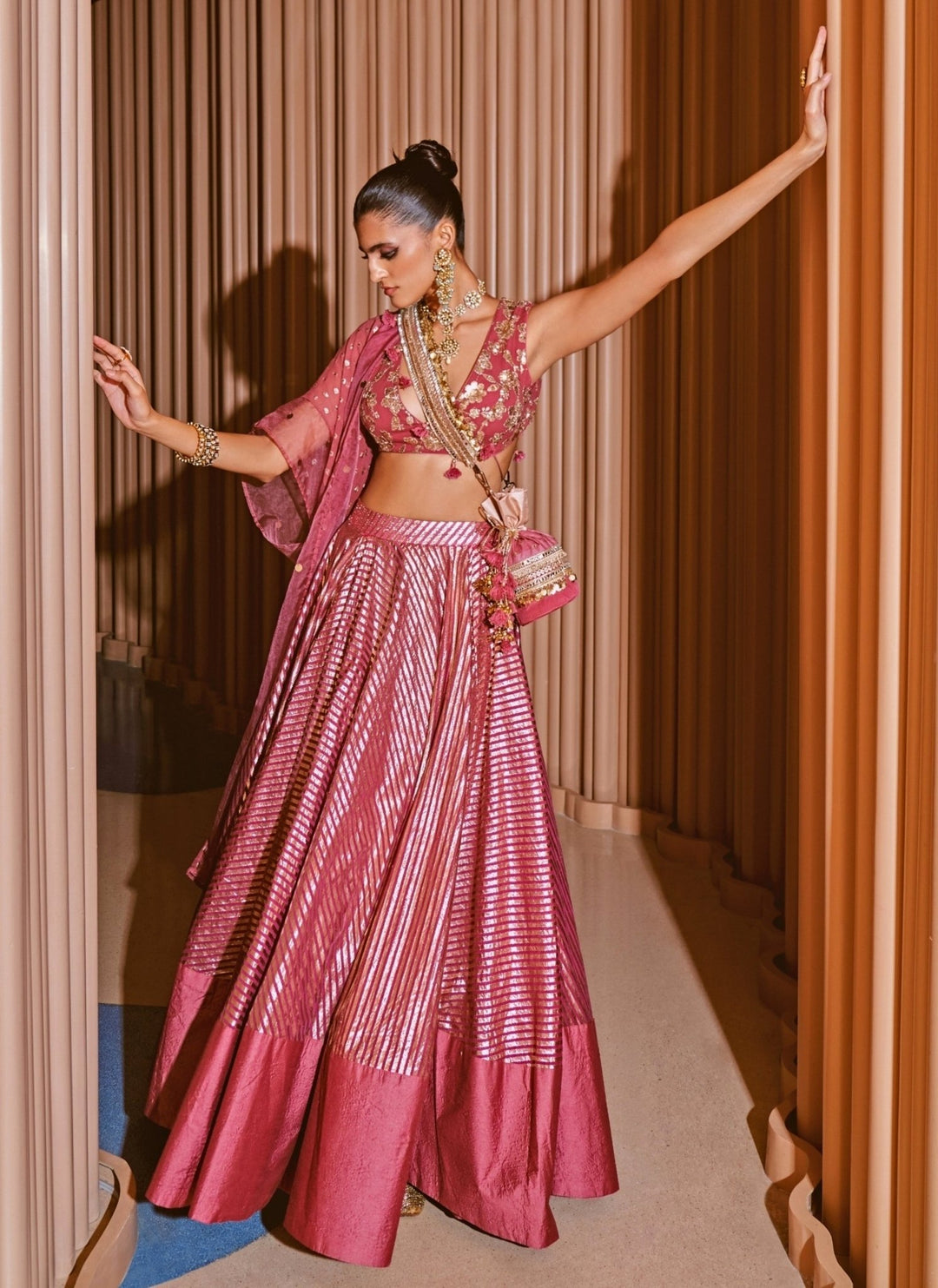 Rishi and Vibhuti Rose Pink Chanderi Georgette Lehenga Set With CapeFabilicious Fashion
