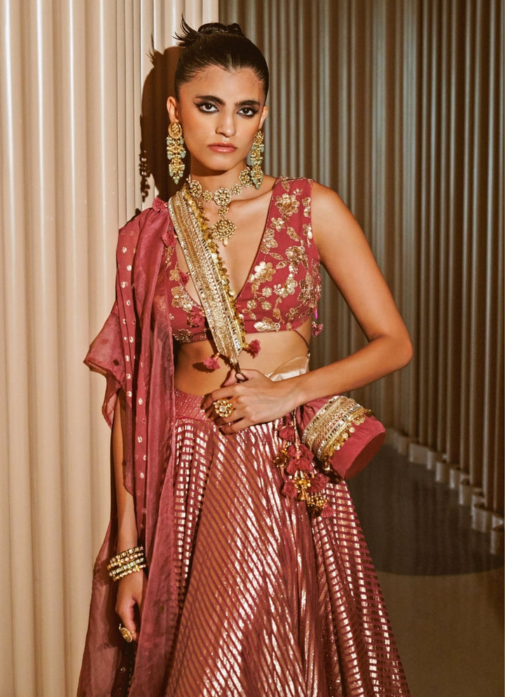 Rishi and Vibhuti Rose Pink Chanderi Georgette Lehenga Set With CapeFabilicious Fashion
