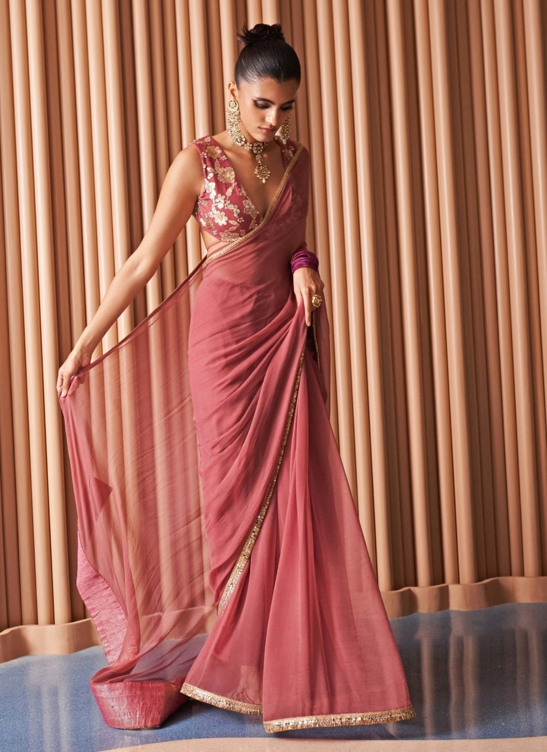 Rishi and Vibhuti Rose Pink Chiffon SareeFabilicious Fashion