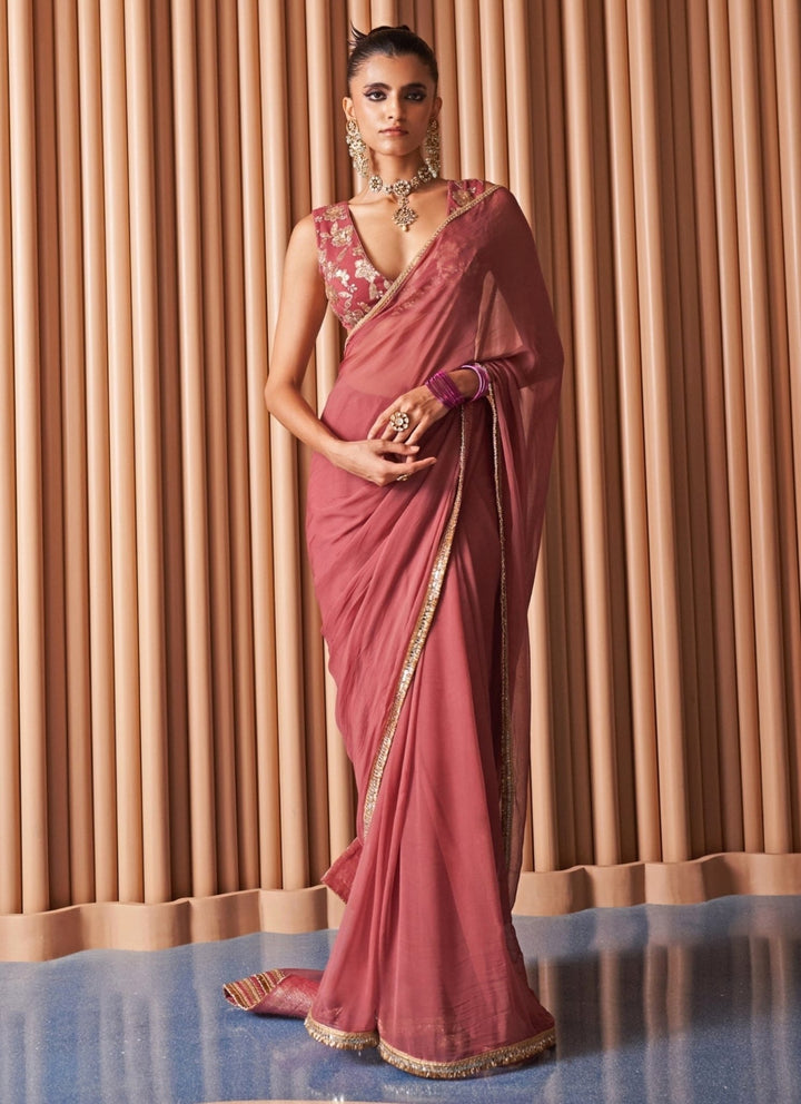 Rishi and Vibhuti Rose Pink Chiffon SareeFabilicious Fashion