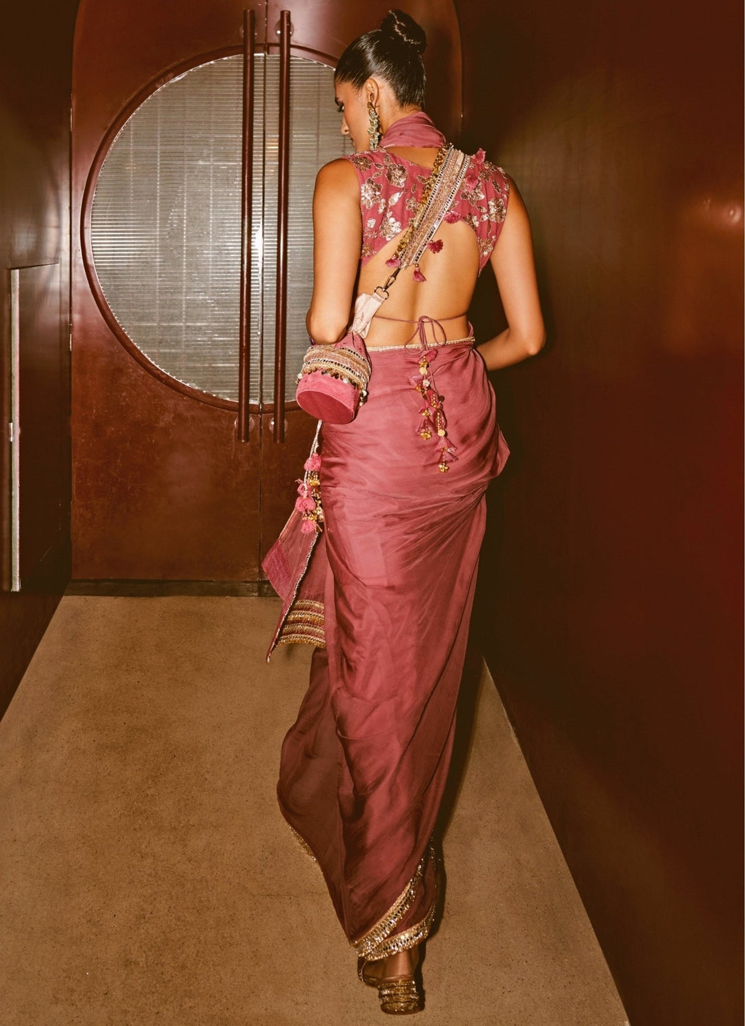 Rishi and Vibhuti Rose Pink Chiffon SareeFabilicious Fashion