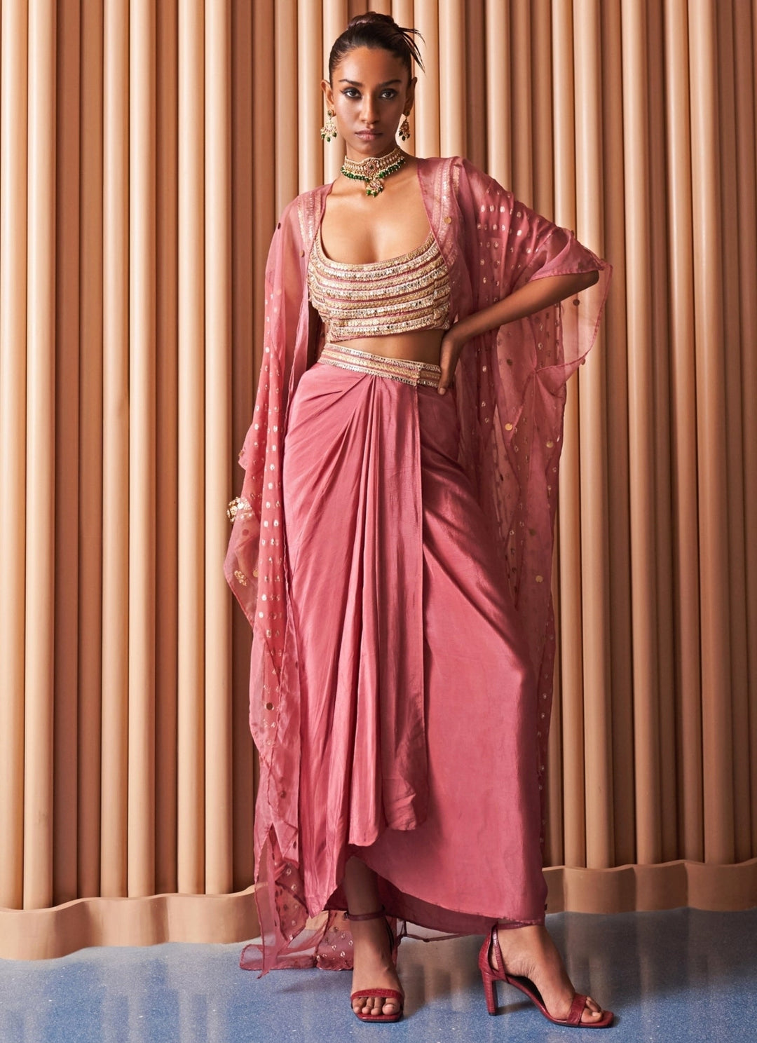 Rishi and Vibhuti Rose Pink Crepe Drape Skirt Set With CapeFabilicious Fashion