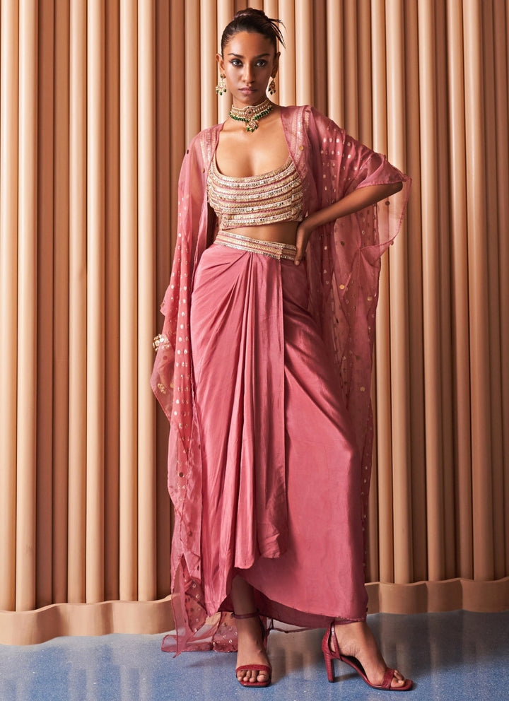 Rishi and Vibhuti Rose Pink Crepe Drape Skirt Set With CapeFabilicious Fashion