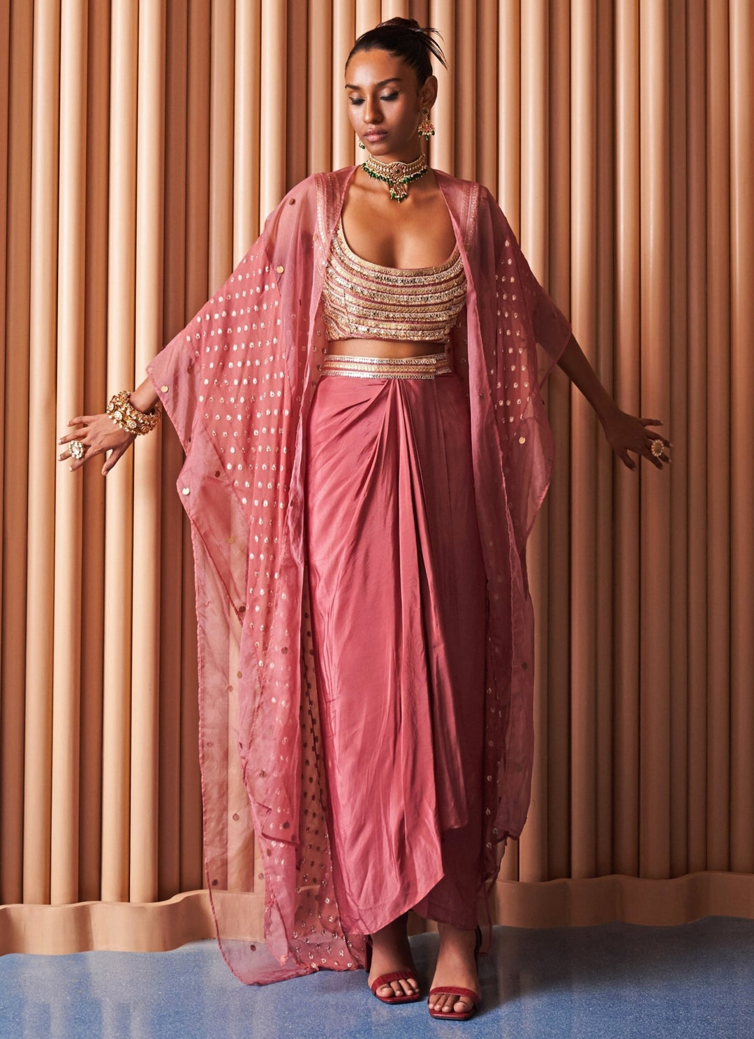 Rishi and Vibhuti Rose Pink Crepe Drape Skirt Set With CapeFabilicious Fashion