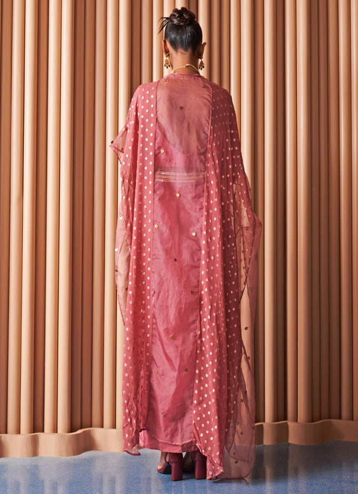 Rishi and Vibhuti Rose Pink Crepe Drape Skirt Set With CapeFabilicious Fashion