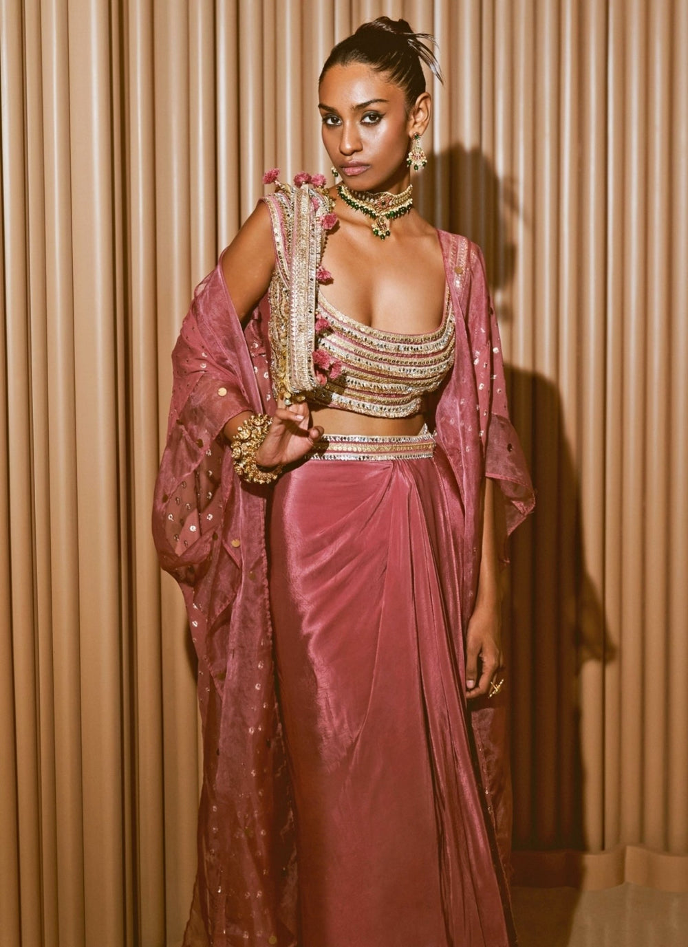 Rishi and Vibhuti Rose Pink Crepe Drape Skirt Set With CapeFabilicious Fashion