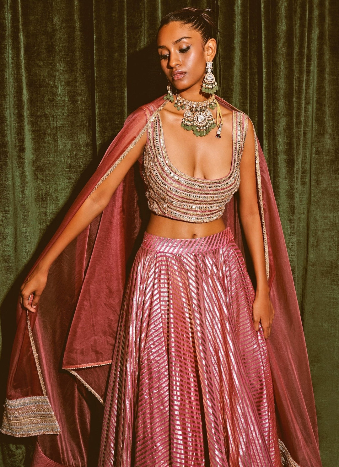 Rishi and Vibhuti Rose Pink Embroidered Chanderi Lehenga SetFabilicious Fashion