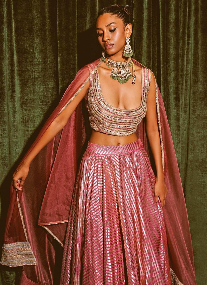 Rishi and Vibhuti Rose Pink Embroidered Chanderi Lehenga SetFabilicious Fashion