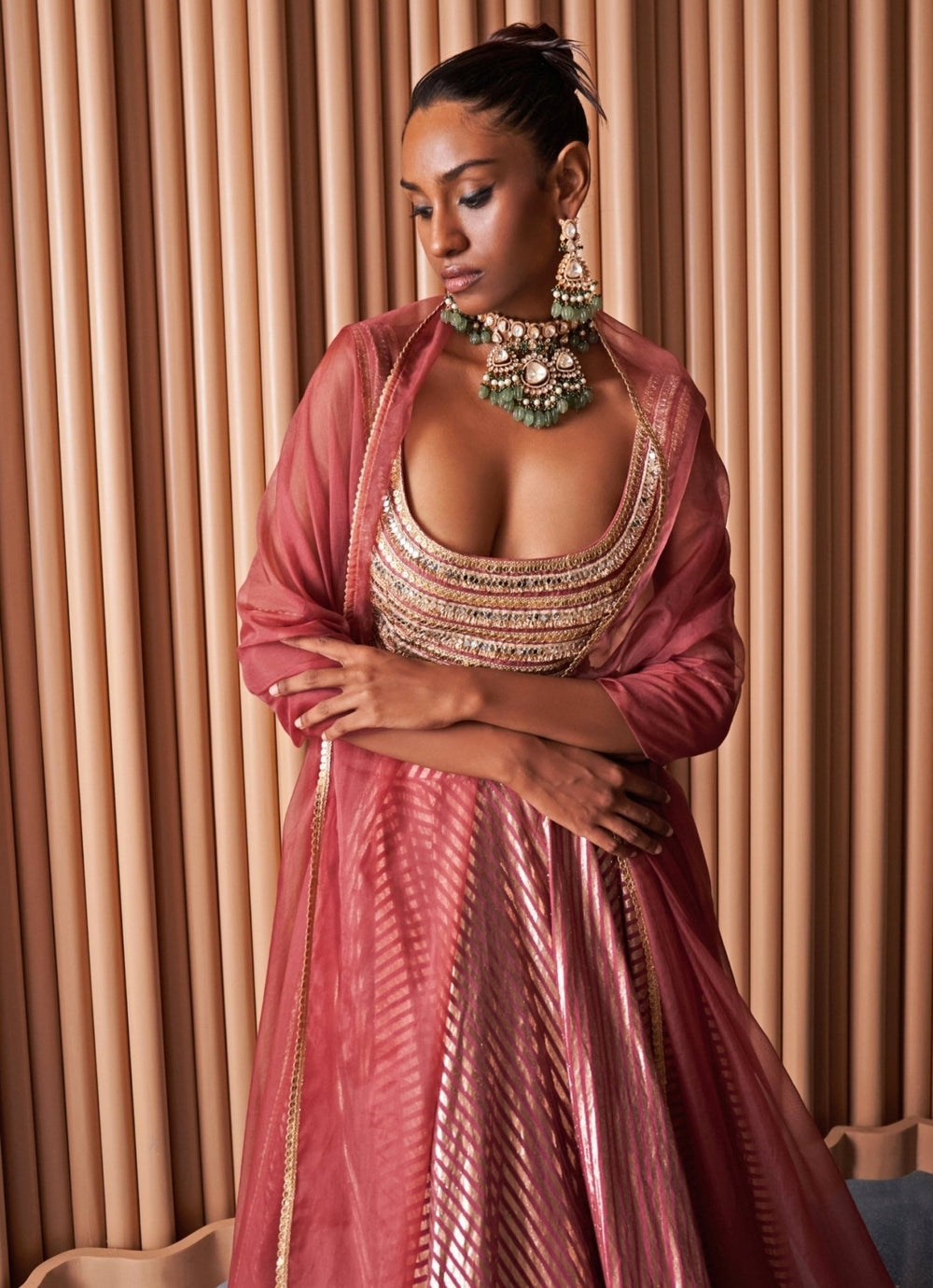Rishi and Vibhuti Rose Pink Embroidered Chanderi Lehenga SetFabilicious Fashion