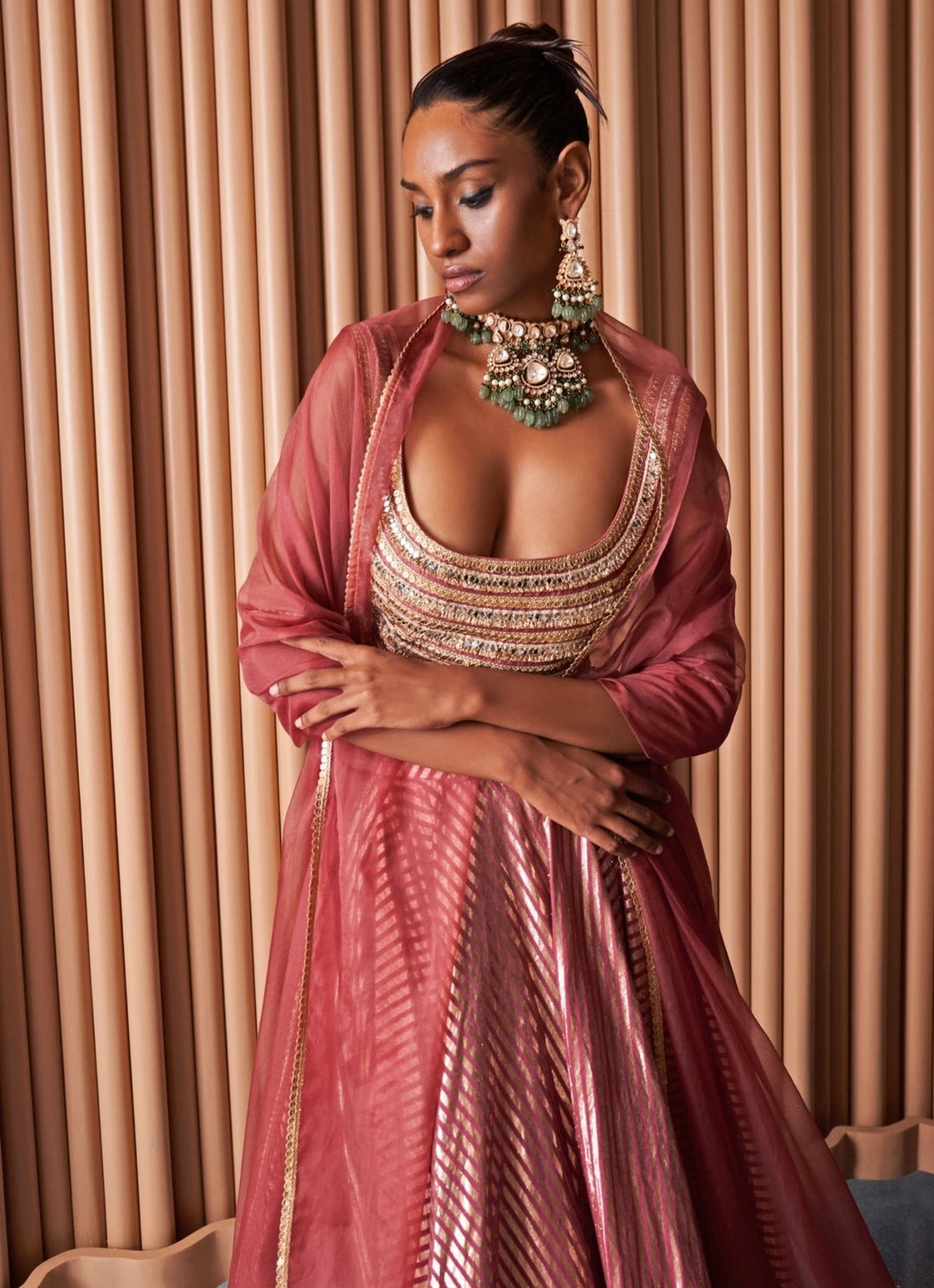 Rishi and Vibhuti Rose Pink Embroidered Chanderi Lehenga SetFabilicious Fashion
