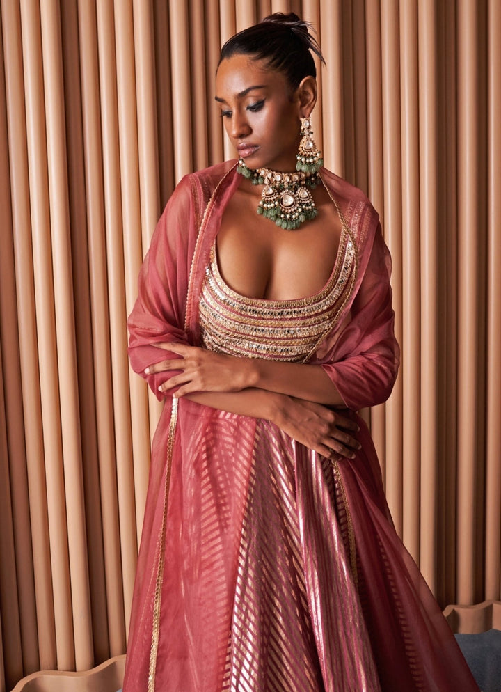 Rishi and Vibhuti Rose Pink Embroidered Chanderi Lehenga SetFabilicious Fashion