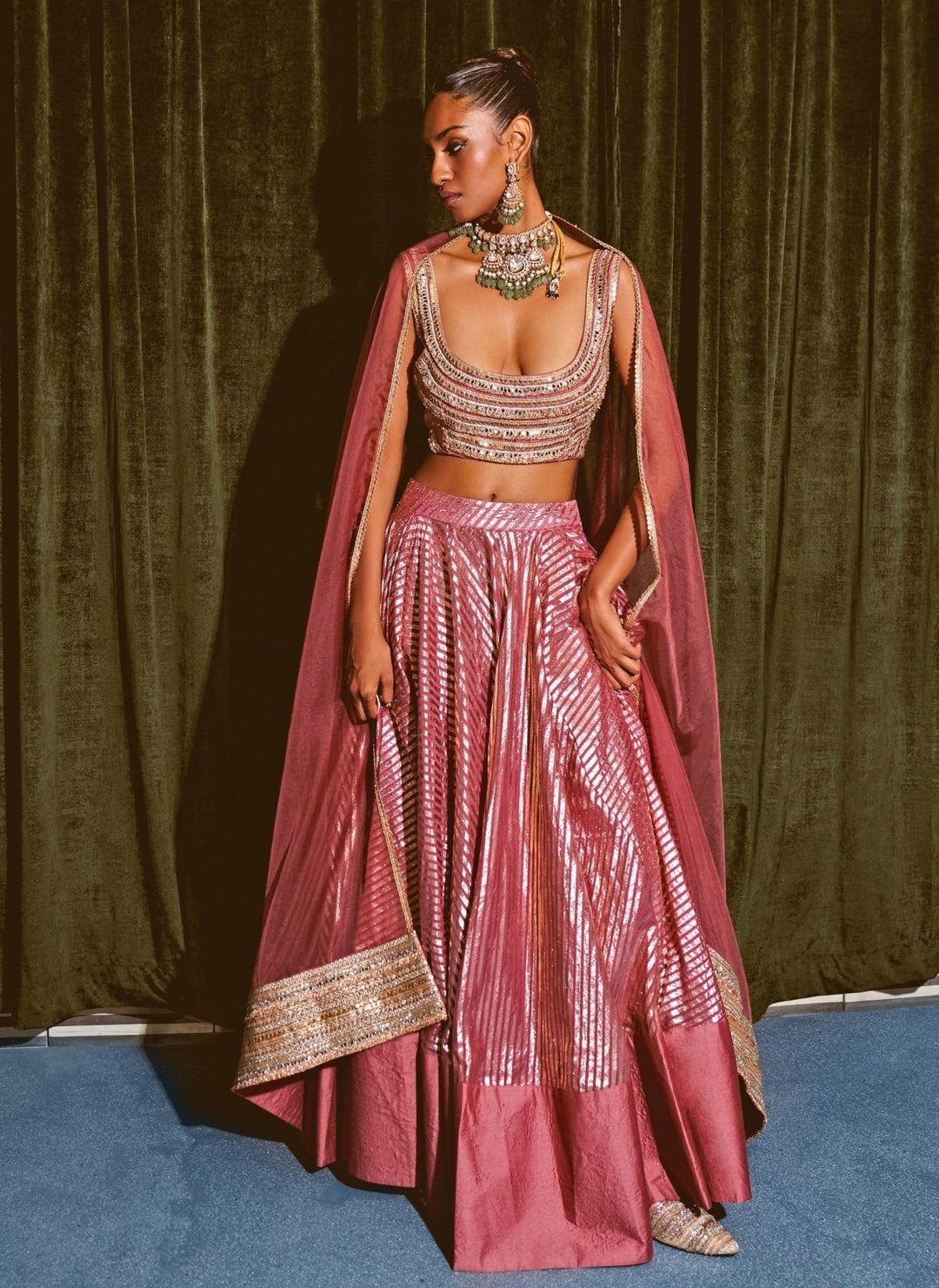 Rishi and Vibhuti Rose Pink Embroidered Chanderi Lehenga SetFabilicious Fashion