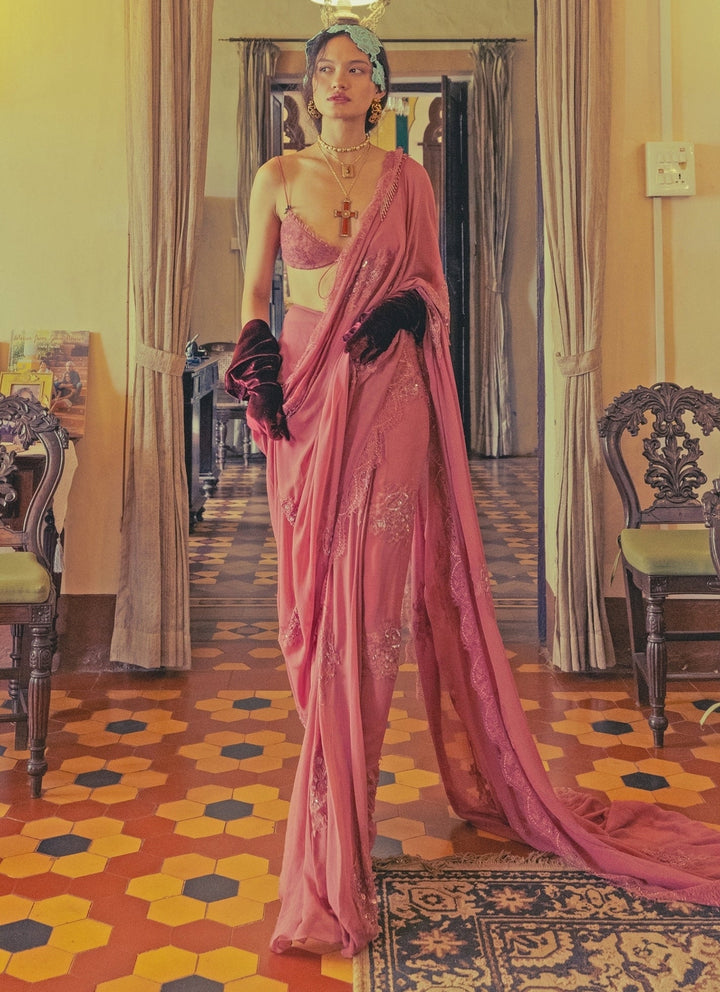 The Little Black Bow Rose Pink Georgette Silk Pre-Draped SareeFabilicious Fashion