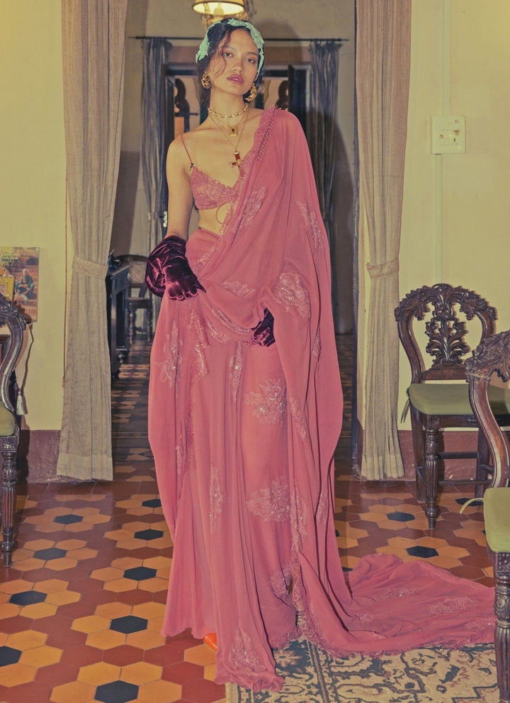The Little Black Bow Rose Pink Georgette Silk Pre-Draped SareeFabilicious Fashion