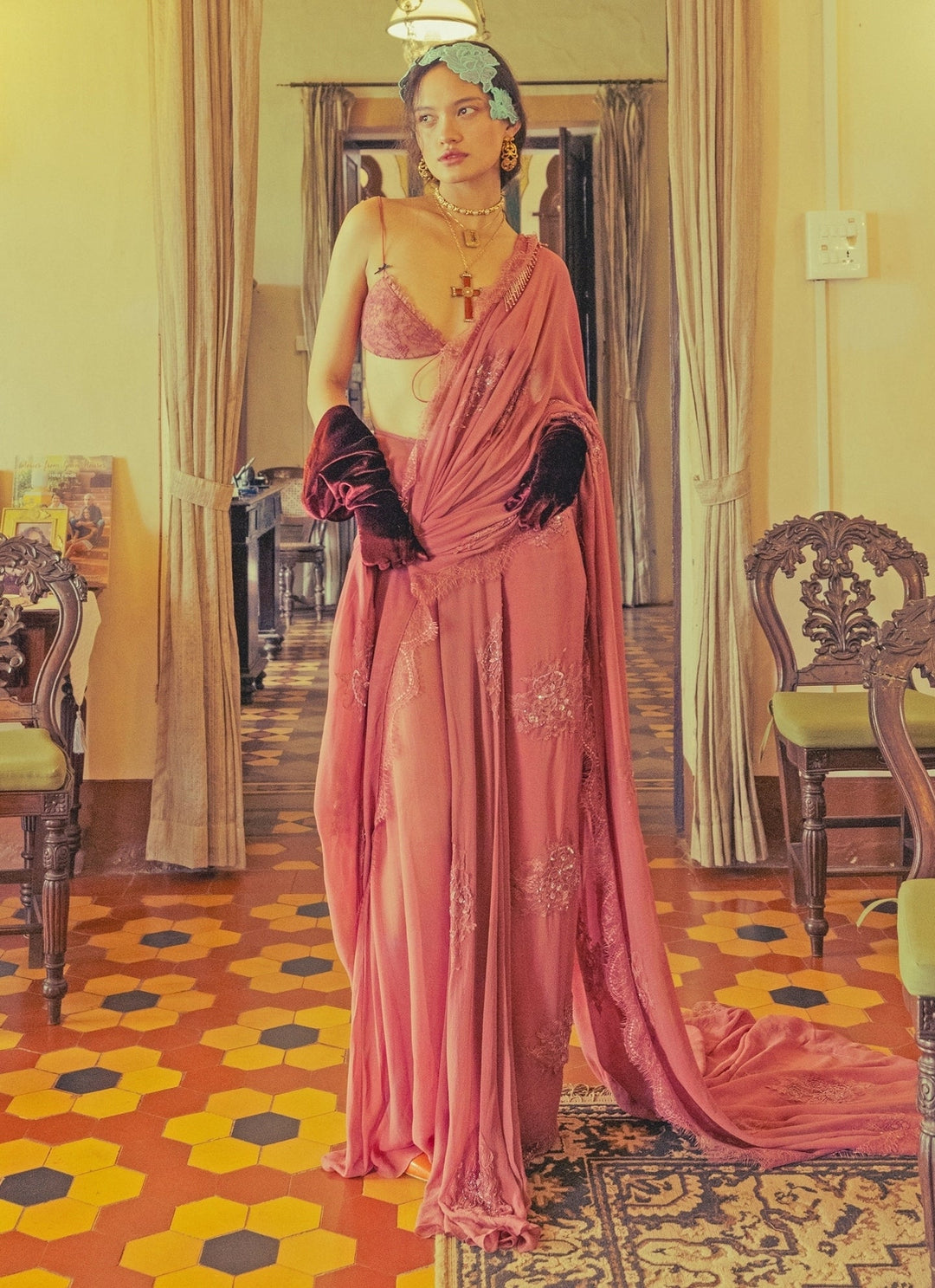 The Little Black Bow Rose Pink Georgette Silk Pre-Draped SareeFabilicious Fashion