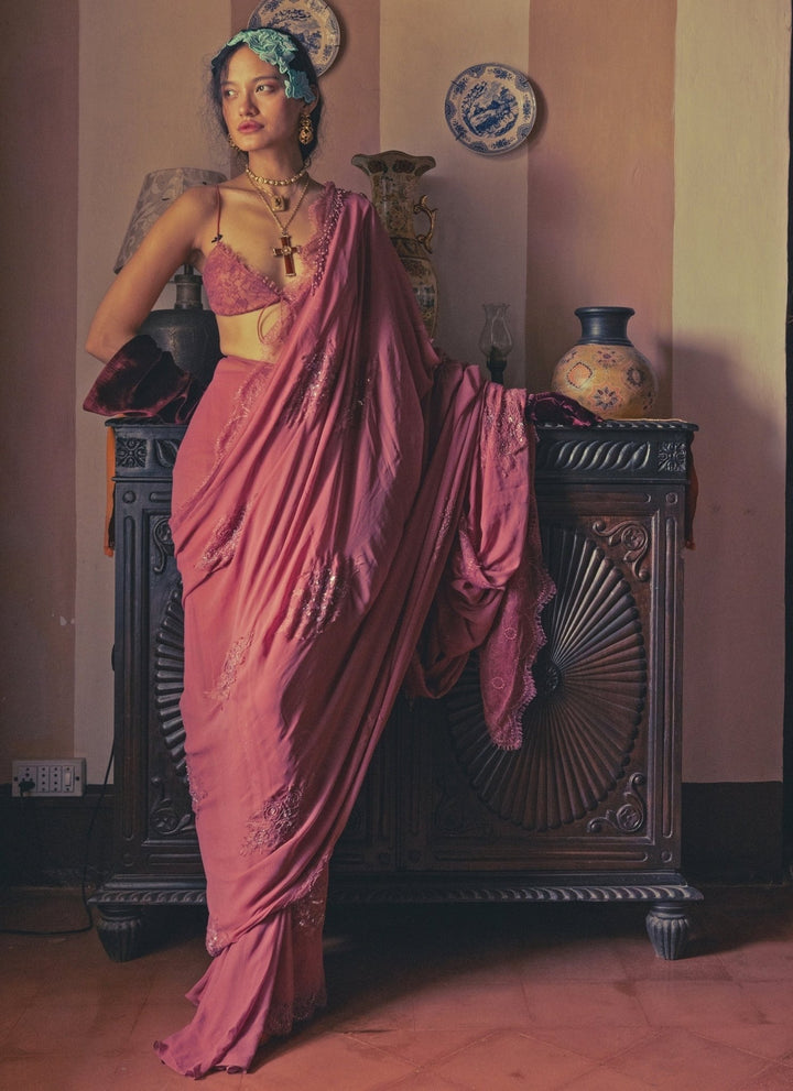 The Little Black Bow Rose Pink Georgette Silk Pre-Draped SareeFabilicious Fashion
