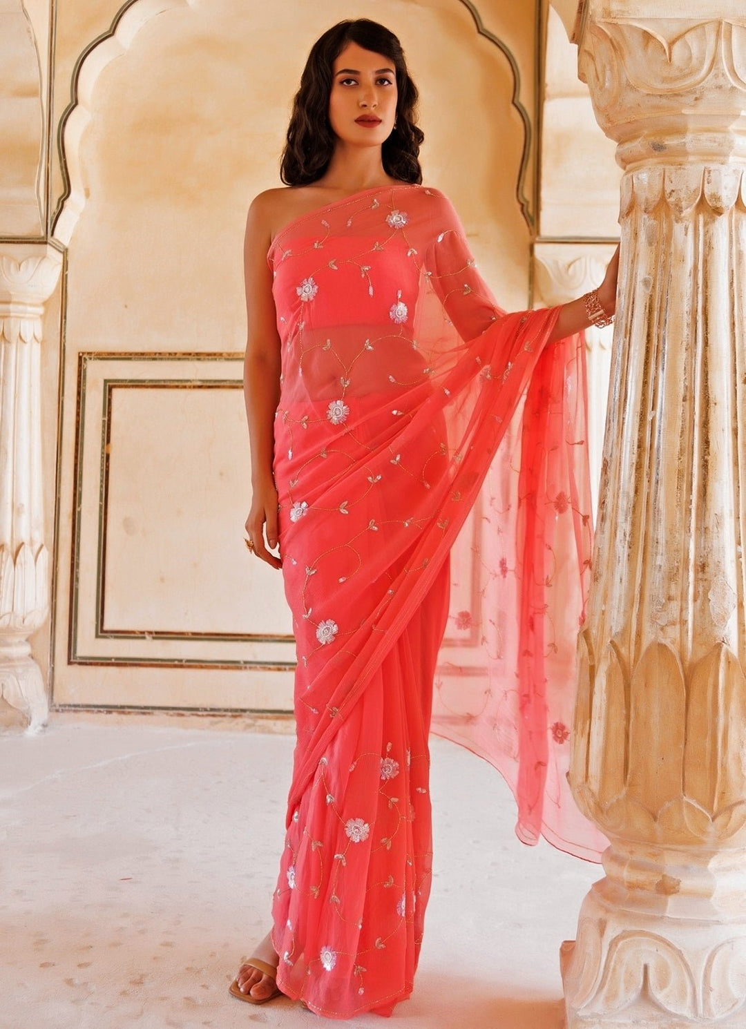 Rose Pink Hand Embroidered Chiffon Saree Geroo Jaipur - Fabilicious Fashion