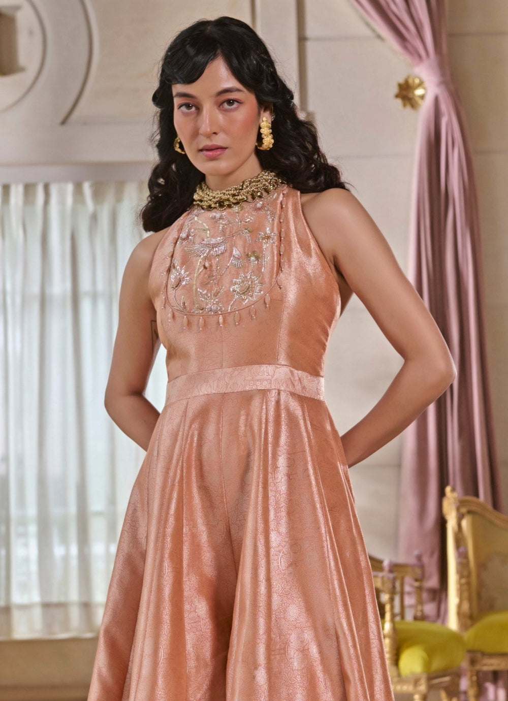 Rose Pink Jacquard Jumpsuit Paulmi and Harsh - Fabilicious Fashion