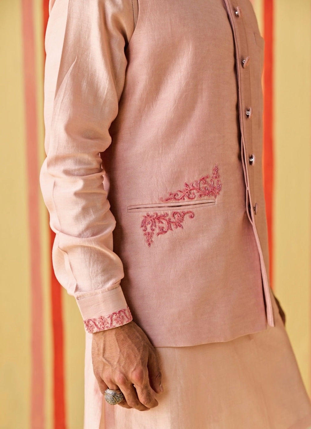 Studio Bagechaa - Men Rose Pink Linen Satin Nehru Jacket SetFabilicious Fashion